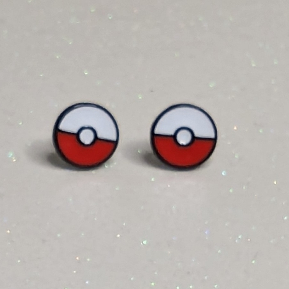 Pokemon Poke ball Acrylic Stud Earrings Red and White - Picture 5 of 7